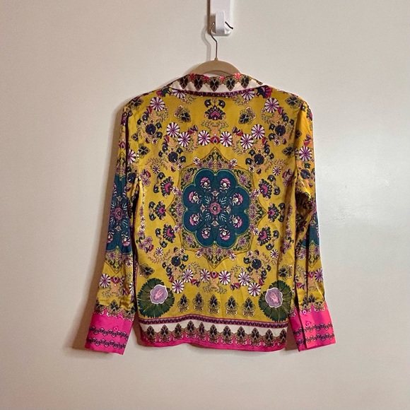 Rachel Zoe Boho Button Down Shirt Mustard Yellow & Fuchsia Collared Print Top XS - Picture 8 of 14